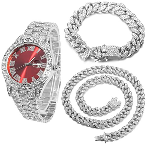 Halukakah Diamant Golduhr, Herren Platin Weiß Vergoldet 42MM Breite Rot Wählen Quarz Armband 24cm mit Kubanischer Link Kette 20+45cm Halskette Armband Set, mit Geschenkbox
