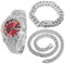 Halukakah Diamant Golduhr, Herren Platin Weiß Vergoldet 42MM Breite Rot Wählen Quarz Armband 24cm mit Kubanischer Link Kette 20+45cm Halskette Armband Set, mit Geschenkbox