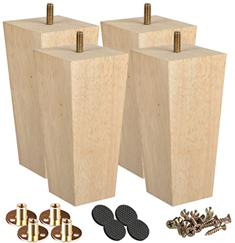Btowin 12cm Holz Möbelfüße, 4 Stück Unfinished Massivholz Pyramide Tischbeine Möbelbeine mit vorgebohrten M8 Bolzen & Montageplatten & Schrauben für Schrank Sofa Bett Ottomane