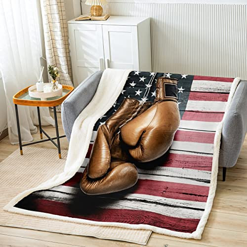 Boxhandschuhe Sherpa Decke Amerikanische Flagge Fleece Überwurf Decke Sport Spiele Thema Holz Plüsch Decke für Bett Sofa Couch Schlafzimmer Dekor Boxen Spiel Warm Fuzzy Decke Twin 152,4 x 203,2 cm