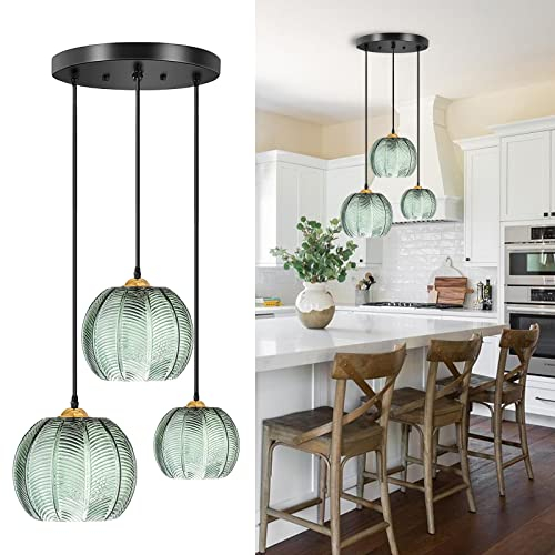AvgnLxqe Suspension Luminaires, Suspension Rétro Verre 3 Lumières, Vintage Luminaire Abat-Jour en Verre Citrouille Verte, Luminaire Suspendu Réglable en Hauteur pour Salle à Manger Cuisine (3light)