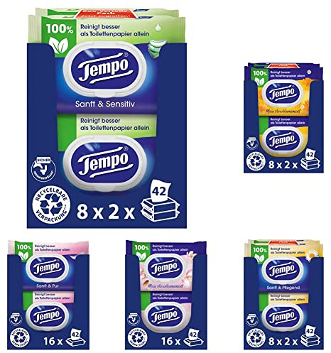 Tempo Feuchte Toilettentücher Sanft & Sensitiv Aloe Vera (16 Stück), Sanft & Pflegend Kamille (16 Stück), Sanft & Pur (16 Stück), Calendula (16 Stück) & Mandelmilch (16 Stück)
