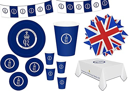 SHATCHI 47Pcs Cups Plates Napkins Cover Bunting Tableware Set Charles III White Blue King's Coronation UK British Royal Party Supplies Table Decorations Souvenir