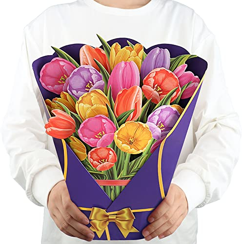 3D Pop-up Blumenstrauß Grußkarte,Muttertag Karte 12''Größe Handgemachtes Geschenk,Ideal für Lehrertag,Abschlussfeier,Geburtstagsgeschenk,für Mütter,Lehrer oder Freunde (Mehrfarbige Tulpe)