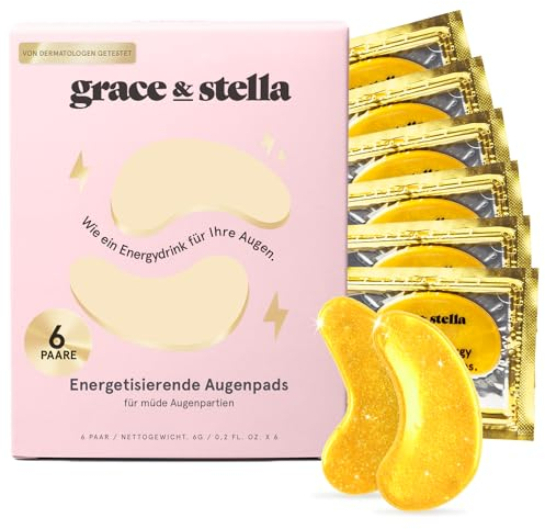 grace & stella - Preisgekrönt Augenpads gegen Augenringe, Aufhellende Eye Pads gegen Tränensäcke und Falten, Kühlende und Erfrischende Augen Pads Masken, Gel-Eyepads [6 Paare, Gold]
