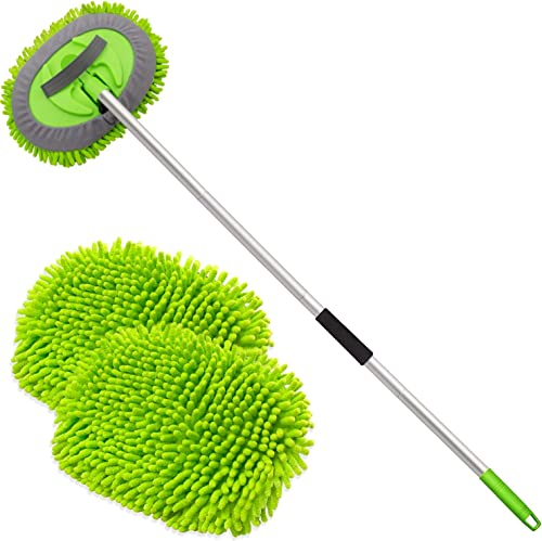 Car Wash Brush Car Cleaning Brush 160cm 63'' Wash Mop Long Handle Versatile Car wash tool Suitable for Cleaning Cars, SUV, Truck, Caravans and Household Cleaning (1 Chenille Replacement Head) (Green)