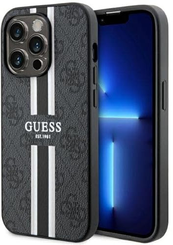 Guess GUHMP14LP4RPSK Phone Case for iPhone 14 Pro 6.1 Inch, Black Hard Case 4G Printed Stripes