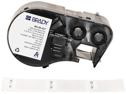 Brady Selbstlaminierendes Vinyl-Vorgefertigte Etiketten für Etikettendrucker BMP41/BMP51/BMP53/M511-180 Klebeetiketten - Schwarz auf Weiß, Transparent (19,05 mm (B) x 38,10 mm (H)) - M4-90-427