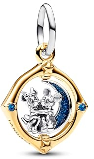 PANDORA Moments Disney Micky Maus & Minnie Maus Bicolor Drehender Mond Charm-Anhänger aus Sterling Silber mit vergoldeter Metalllegierung, Zirkonia, Kompatibel Moments, 762955C01