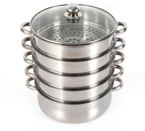 Edelstahl Dampfkocher 5 Titer Schongarer gleichzeitig Dämpfen und Kochen mit Glasdeckel für Induktionsherd Gasherd (26cm)