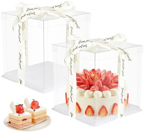 2 Stück Transparente Kuchenbehälter, 30 * 30 * 25cm Tortenbox Durchsichtige Geschenkbox, Cake Box, Doppelschicht Tortenschachtel mit Sockel & Band für Geburtstag Dessert(Weiß 10 Inch)