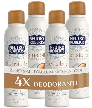 Neutro Roberts, Deo-Spray für empfindliche Haut mit beruhigendem Hafer und Argan, ohne Aluminiumsalze, kein Alkohol, mit reinem Glyzerin-Öl, dermatologisch getestet, 48 Stunden – 4 Stück à 150 ml
