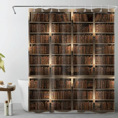 LB Braunes Vintage-Booshelf Duschvorhang 120x175cm(BxH) Retro-Bibliothek Antischimmel Wasserdicht Badezimmer Vorhänge, Magische Bücher Extra Kurz Polyester Stoff Bad Vorhang mit Haken