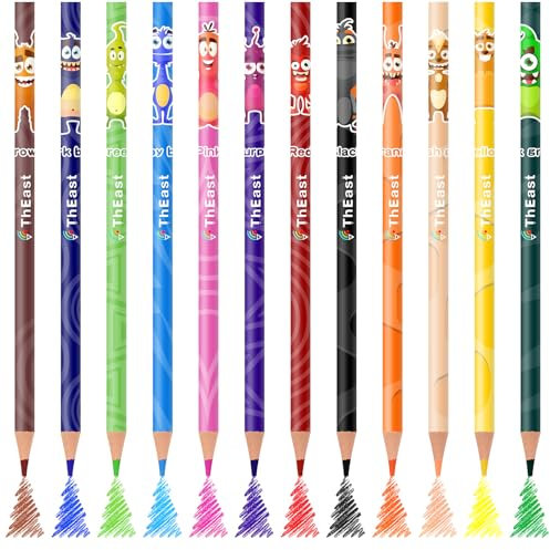 ThEast 12 Monster Buntstifte, Hölzerne Farbstifte für Kinder Spaß Stifte, Kindergeburtstage, Gastgeschenke, Weihnachten Mitbringsel, Vorgespitzt