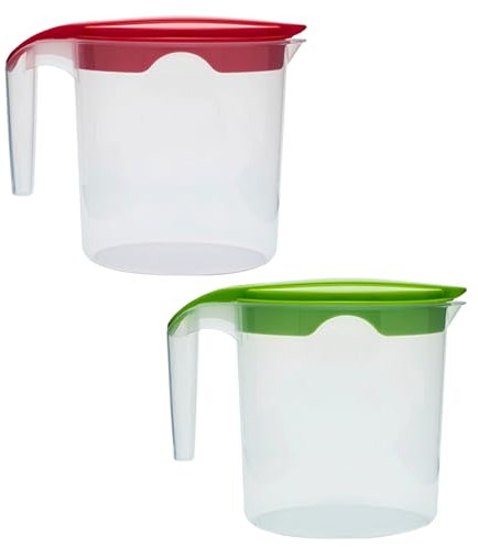 Set of 2 Plastic Water Jug with Lid 1 Liter Milk Juices Drinks Fridge Jug Ideal for Everyday Use Indoor Outdoor Party (Red & Green)