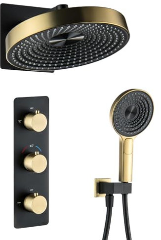LNXGJJ Colonne de Douche Thermostatique, Noir et Or Brossé Colonne Douche Encastrable 2 Fonctions Ensemble de Douche Mural Kit de Douche avec Pommeau de Douche et Douchette