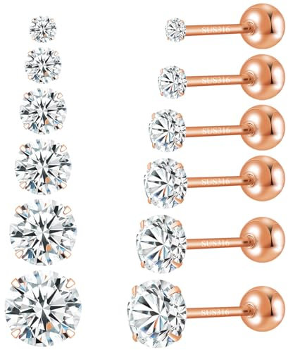 6 Paar Ohrstecker Gold Silber Rosegold Set Damen Edelstahl Ohrringe Kleine Stapelbar Zirkonia Wasserfest Ohrstecker Ohrringe Set für Mehrere Piercings Ohrlöcher Schmuck Geschenk