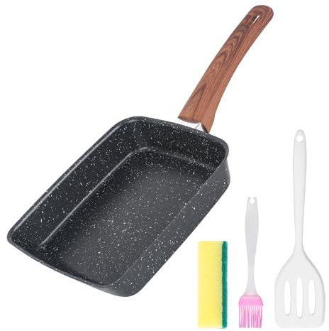 DMJJSD® Tamagoyaki Pfanne Induktion Eierpfanne Pfanne Japanisch Japanisch Pfanne mit Silikonspatel, Pinsel, Schwamm Antihaft-Beschichtung Omelettpfannen für alle Herdarten, Backofen 19 x 16cm