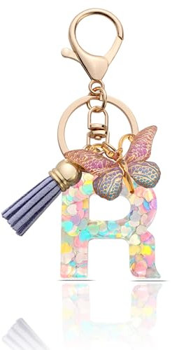 MORSUNBELA Porte-clés avec lettre de l'alphabet - Porte-clés pour fille - Lettre initiale - Papillons - Pour femme, Violet-r, S