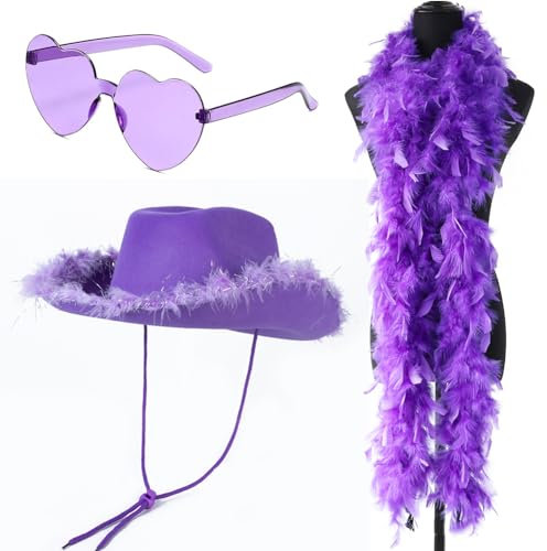 Cowboyhut für Damen, 3 Stück Filz Cowboyhut Cowgirl Hut mit Federschal Herzbrille Damen Cowboy Hut Cowgirl Kostüm Accessoires Wilder Westen Kostü Westernhut für Party Cosplay Karnevalsfeiertage (Lila)