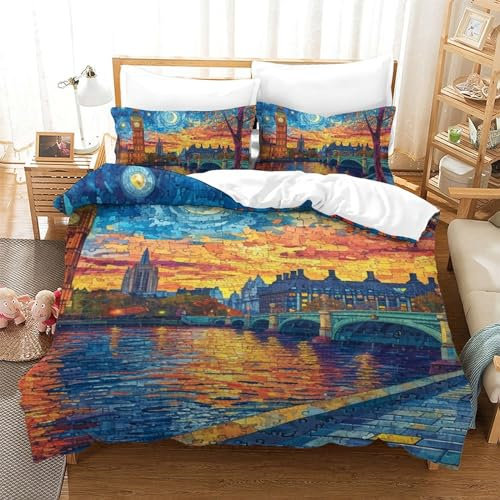HEYLInUP London Tower Bridge 3D Gedrickter Bettbezug Set Kinderbettwasche Kissenbezug Jungen 2 Teilig Bettwäsche Deckung Set Mit Reißverschluss Weich Mikrofaserbettwäsche Single(140x200cm)