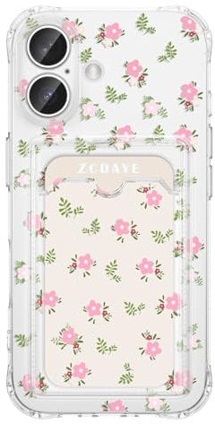 ZCDAYE Floral Clear Case for iPhone 16 with Card Holder, Elegant Cute Flower Woman Phone Case, Soft TPU Shockproof Protective Phone Cover for iPhone 16 (6.1 inch), Fresh Pink