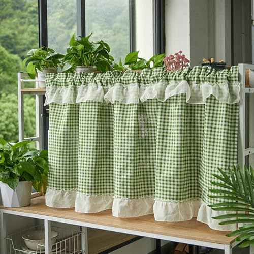 Daesar Scheibengardine Blickdicht 60CM Hoch, Vorhang Kurz Stangendurchzug Kariert Motiv mit Rüschen Küchengardinen Bistrogardine Landhausstil, Grün 150x60CM 1 Stück