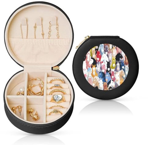 EZDLOWVBA Schmuckkästchen mit buntem Cartoon-Pferde-Druck, PU-Leder, Reise-Schmuck-Etui, Mini-Schmuck-Aufbewahrungsbox für Ringe, Ohrringe