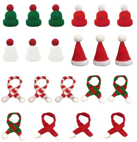 SKHAOVS 24 Stück Mini Weihnachtsmützen und Schal Set Weihnachtsmannmütze Kleine Weihnachtsmütze Nikolausmütze Mini Mütze Schal für Artikeldekoration DIY Party Weihnachten