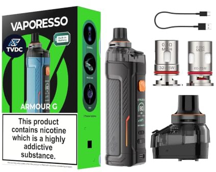 TVDC Armour GS Kit for Vaporesso, 0.96-Inch Ultra Clear Indicator Screen, Heavy Duty Design, Pulse And Eco Mode, Compatible with 18650 Battery (Sold Separately), 2ml Cartridge No Nicotine, (Black)