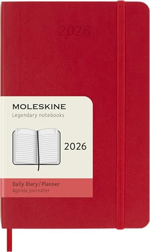 Moleskine Tagesplaner, Tagesagenda 2026 12 Monate, Mit Weichem Einband und Elastischem Verschluss, Pocket-Format 9x14, Farbe Rot
