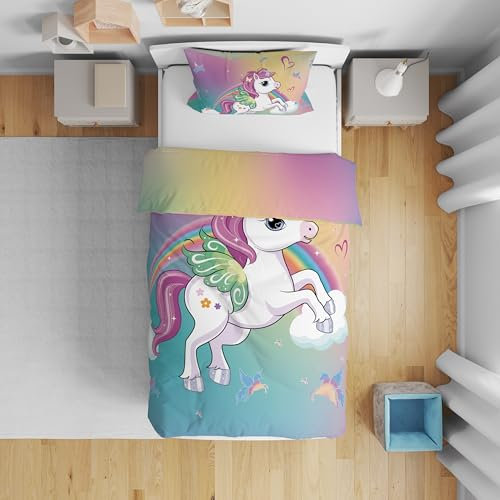 DJDEA Unicorn Cot Bed Duvet Cover Set 120x150cm, Toddler Bedding Set Rainbow Background for Girls Children Duvet Cover Set Microfiber Quilt Cover Matching Pillowcase 40x60cm