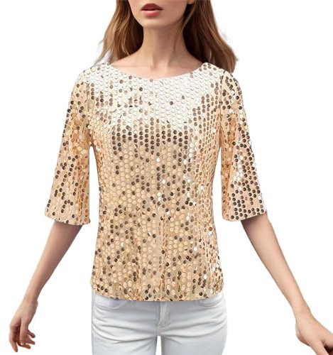 Generisch Top da donna sexy con paillette, top da donna, rosa, con brillantini, per feste, elegante, a maniche corte, girocollo, per carnevale, streetwear, club, camicetta elegante, oro rosa., XL