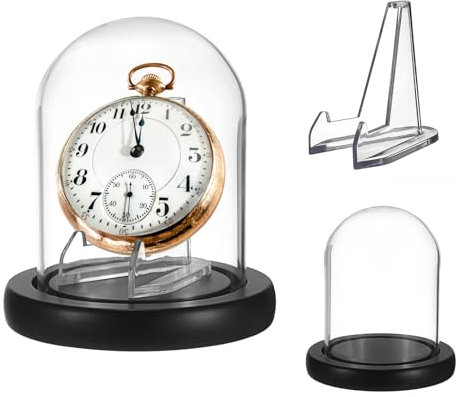 JUXYES Klare Uhrenglocke aus Glas mit Präsentationsständer, klare Terrarium-Glasglocke mit Holzsockel, Glaskuppel für Taschenuhren, Medaillen, Münzen, Ornamente