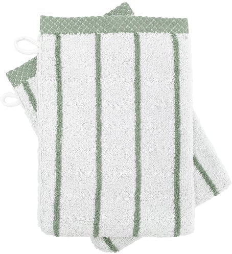 Linnea Lot de Deux Gants de Toilette 16x21 cm Pur Coton Collection Pure Light Motif Rayures Vert