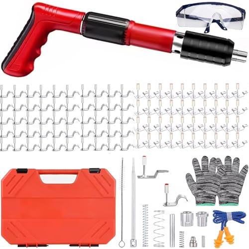 Cloueuse,Cloueur Beton,Pistolet A Clou,pistolet à ongles portable,50 clous de serrage pour tubes et 50 clous à crochet7.3mm,Boîte en plastique 5 Engrenages Double Silencieux,pour mur en ciment(rouge)