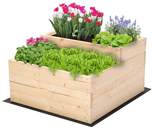 MODO24 Hochbeet Holz, 2-stufiger, Blumenkasten 36x60x63 cm, Natur | Komplettes Anzuchtset inkl. Schrauben, Dekoratives Gemüsebeet, Kräuterbeet & Blumenkasten für Garten und Terrasse