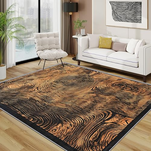 TerroVee Holzoptik Teppich 140x200 cm, Baumstamm Natur Textur Teppich Wohnzimmer, Rustikal hütte Kurzflor rutschfest Pflegeleicht Teppiche Für Jugendzimmer Schlafzimmer, Braun Schwarz