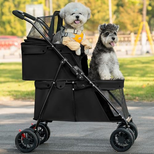 Dubbla lager hundvagn katt djur - djur resa barnvagn- vikbar hund katt med fyra hjul vagn - jogger barnvagn - buggy barnvagn - 67 x 50 x 95 cm - svart
