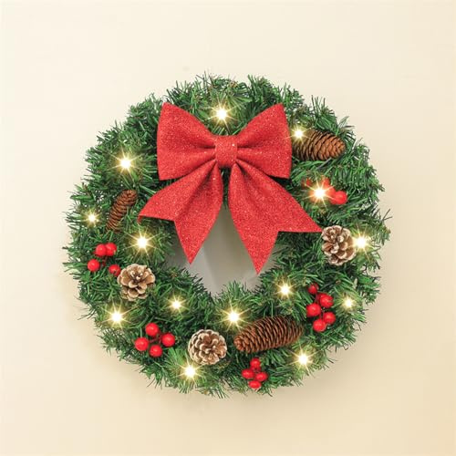 Weihnachts-Wandbehänge, Weihnachtskranz für die Haustür mit Beleuchtung, künstliche Weihnachtskränze zur Dekoration, für drinnen und draußen, Hochzeitsdekoration (Bow,50cm)