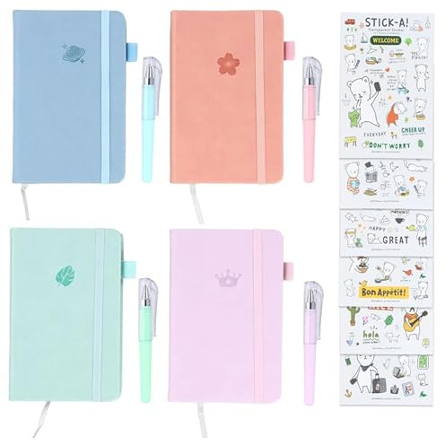 :4 Stück Notizbuch A6, Tragbares Hardcover Notizbuch mit 6 Bärenaufklebern, Notizblock A6 für Memos und Zeitpläne, Taschen Vokabelheft für Kinder und Erwachsene mit 4 Makkaronfarbenen Gelstiften