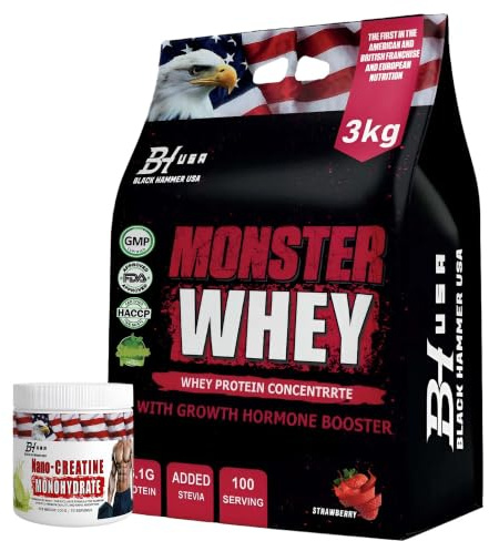 Black Hammer USA Monster Whey – Protein Konzentrat, 3 kg Megapack (100 Portionen), 26,1 g Eiweiß pro Portion, mit Stevia, Shake für Muskelaufbau & Regeneration (3 kg, Erdbeere)