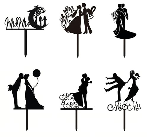6 Stück Mr Mrs Cake Topper Braut und Bräutigam Hochzeitstorten Dekoration Brautpaar Silhouetten Topper Acryl Kuchendekorationen für Hochzeit Heiratsantrag Jahrestag Valentinstag