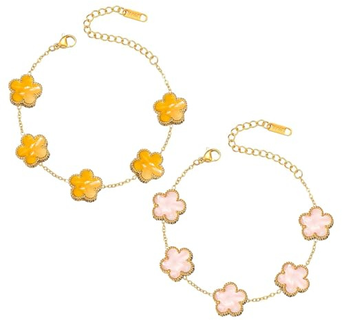 APRRMLIZW Ensemble De Bijoux Trèfle À Quatre Feuilles, 2 Pièces Bracelet Trèfle À Cinq Feuilles Bracelet Trèfle À Quatre Feuilles Design Élégant Pour L'anniversaire, Noël, Saint Valentin