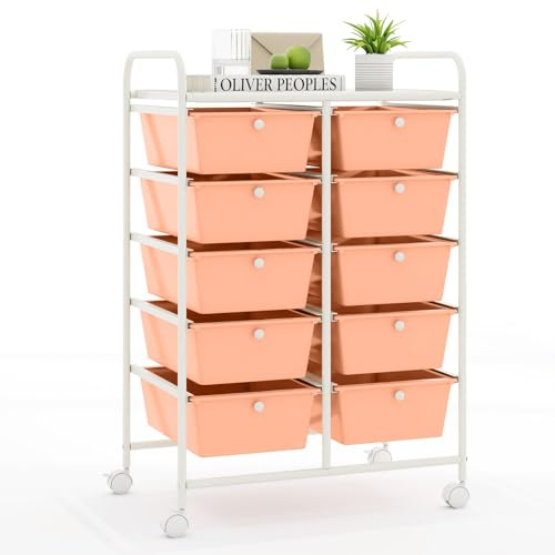 GOPLUS Rollwagen mit 10 Schubladen stapelbar, Schubladenwagen Rollcontainer mit Ablage & Metallgestell, Badregal, Badrollwagen, Aufbewahrungswagen für Büro & Zuhause, 65,5 x 37 x 87 cm (Hellrosa)