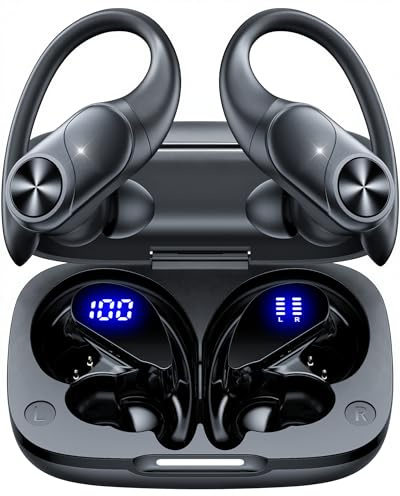 ECLVOX Cuffie Bluetooth Sport 5.3, Auricolari Wireless con Gancio per Orecchio, 80 Ore Autonomia Totale, Display LED Digitale, IPX7 Impermeabili, Controllo Fisico, Ideali per Running e Palestra