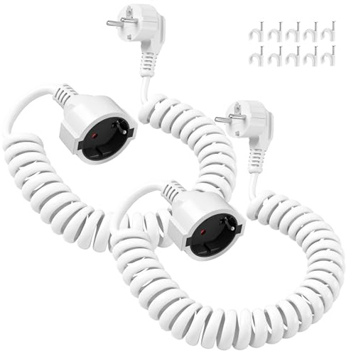 Verlängerungskabel 2m, 2 Struck Spiralverlängerung 0,6 m auf 2m Spiralkabel Verlängerung(250V/16A)mit Schuko Stecker & Kupplung für Zuhause, Außenbereich,weiß