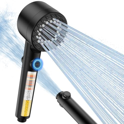 FEELSO Alcachofa de Ducha con Filtro de 15 Capas, Alta Presión, Antical | Alcachofa Ducha con 3+1 Modos de Chorro, Cabezal de Ducha con Botón de Pausa y Ahorro de Agua para Agua Dura, Negro
