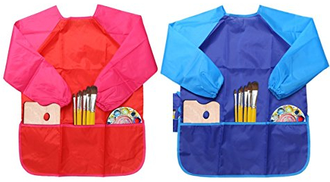 LEADSTAR 2er Pack 2-6 Jahre Kinder Baby Kunst Gemälde Wasserdichter Kittel Schürze Smock mit Ärmeln, Blau und Rot