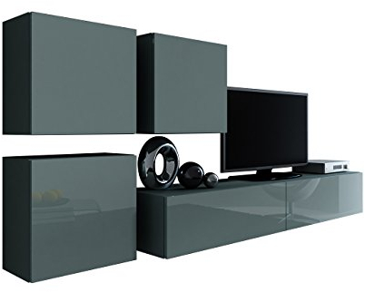 Wohnwand Vigo XXIII, Design Mediawand, Modernes Wohnzimmer Set, Anbauwand, Hängeschrank TV Lowboard, (Grau/Grau Hochglanz)